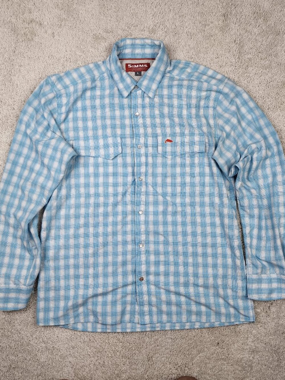 Simms Shirt Men Large L Blue Series Button Down Long Sleeve Fish Plaid Checkered